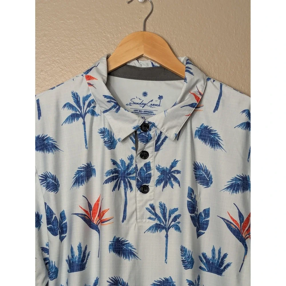 Sunday Crew Polo Shirt Mens XL White Blue Tropical Palm Bird of Paradise UPF 50+